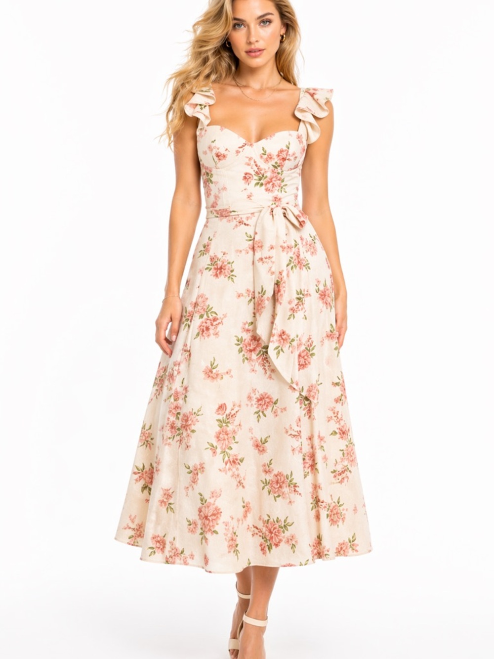 Floral Tie-Waist Midi Dress in Cream and Pink